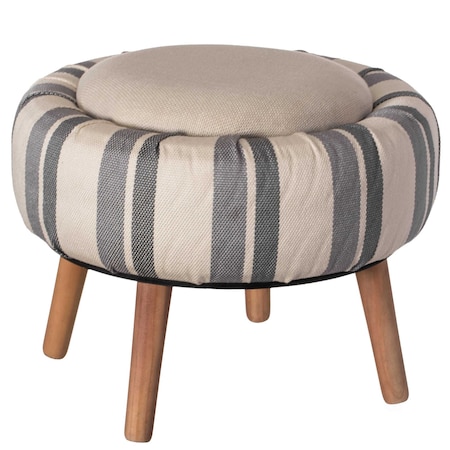 Fabulaxe Modern Striped Round Fabric Ottoman with Inner Storage , White and Blue QI004321